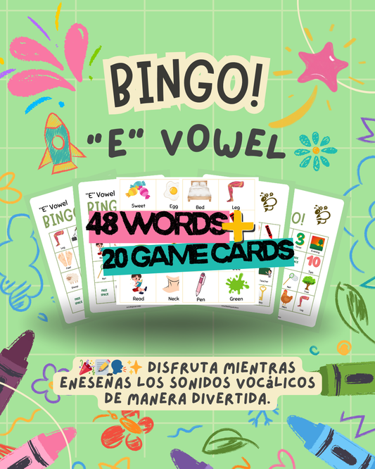 🖨️ Bingo imprimible de la vocal E – Aprende inglés de forma divertida